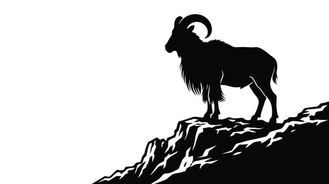 Mountain goat standing on rocky cliff edge in bold black and white vector silhouette graphic