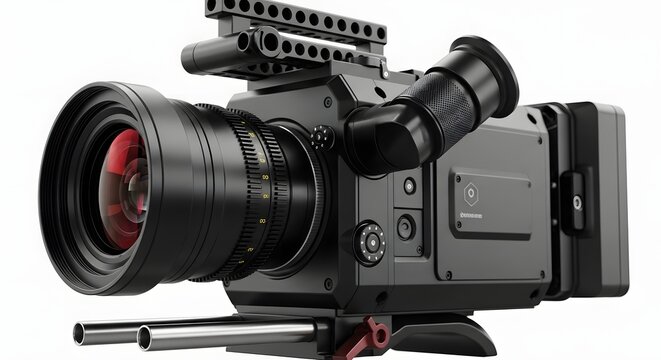 Black professional cinema camera with large lens and viewfinder