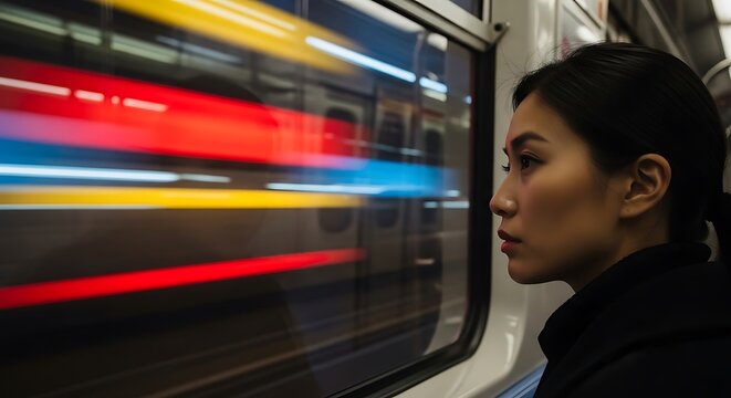 Woman gazes out a train window at blurred light trails, hinting motion and travel