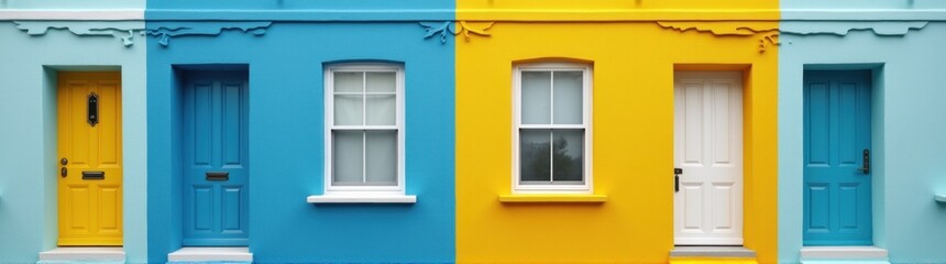 Fototapeta premium Row of colorful houses with windows copy space banner