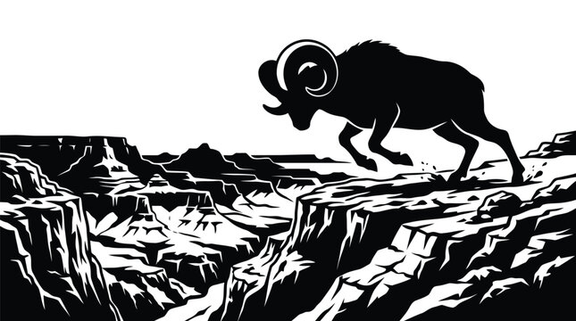 Bighorn sheep ram jumping over deep canyon cliff in black and white vector wilderness art