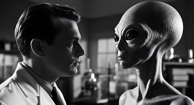 Scientist and extraterrestrial being in a secret facility. Ideal for World UFO Day themes, space mystery, and paranormal research. High contrast black and white cinematic photography style