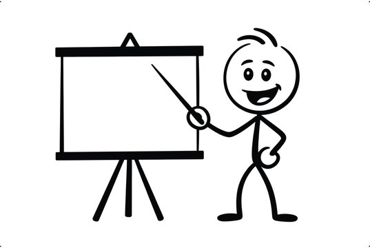 Happy stick figure presenting a blank board, perfect for your message, ideas, and concepts.