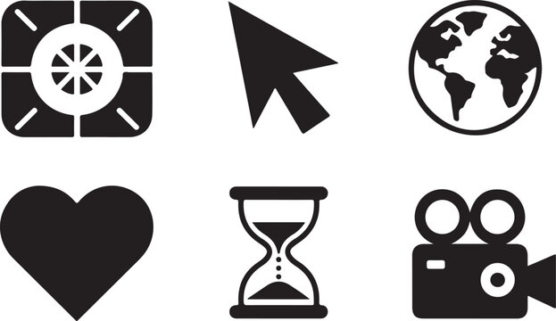 Set of black web and interface icons including mouse cursor, globe, heart, timer and video camera