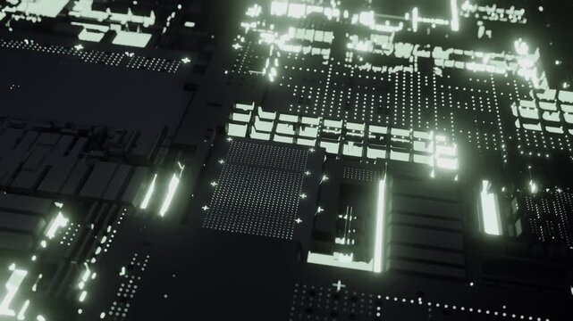 An animated close-up of a high-tech circuit board with bright neon lights. The complexity of modern electronics and microchip architecture. Innovation, data processing speed, and computing