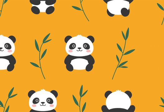 Cute panda pattern with bamboo on orange background