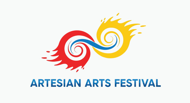Artesian arts festival logo with red and yellow swirls and blue wave design vector illustration