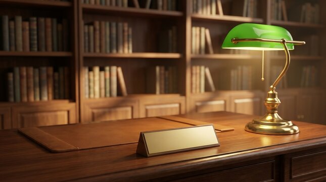 Vintage Library Desk with Green Lamp and Wooden Bookshelves