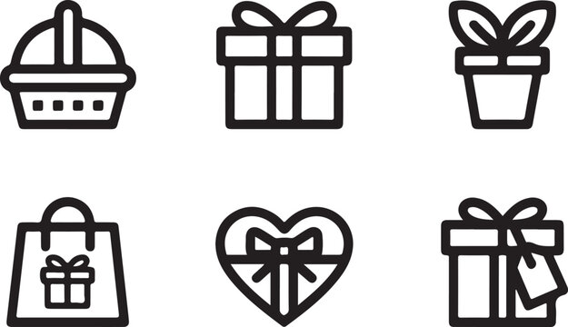 Set of shopping and gift icons including baskets bags and presents for e-commerce and retail design