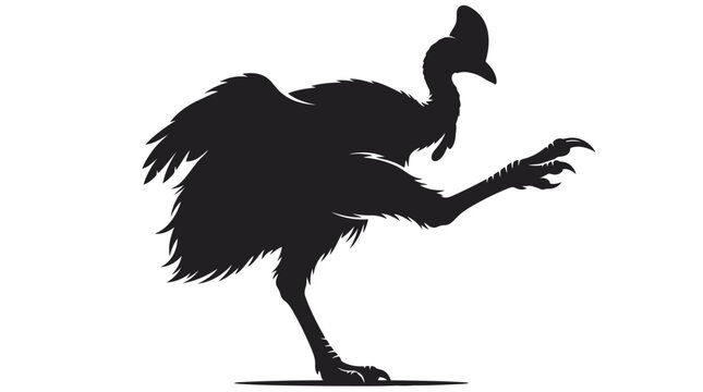 Cassowary bird silhouette in aggressive stance with sharp claws isolated on white background
