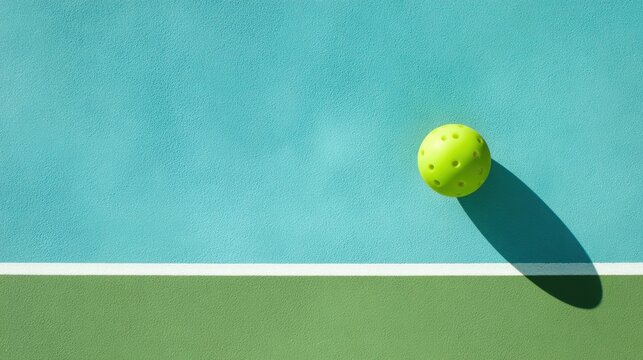 Pickleball ball on turquoise court with long shadow minimalist background for sports design and poster