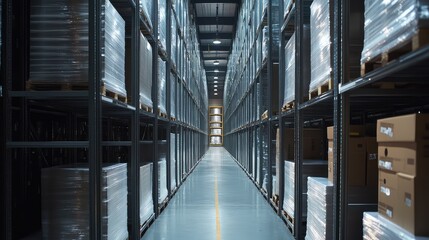 Fototapeta premium Long aisle in a modern industrial warehouse with tall metal shelving racks stocked on pallets, illustrating organized logistics, inventory management and efficient supply chain operations