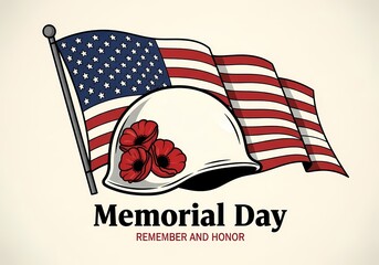 Memorial Day Remember and Honor Military Helmet American Flag Poppies Poster