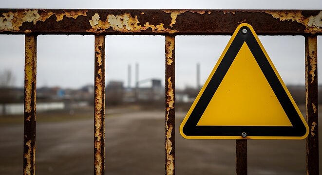 Yellow hazard sign on rusty fence, industrial backdrop blurred in overcast landscape