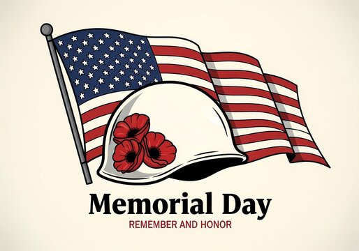 Memorial Day Remember and Honor Military Helmet American Flag Poppies Poster