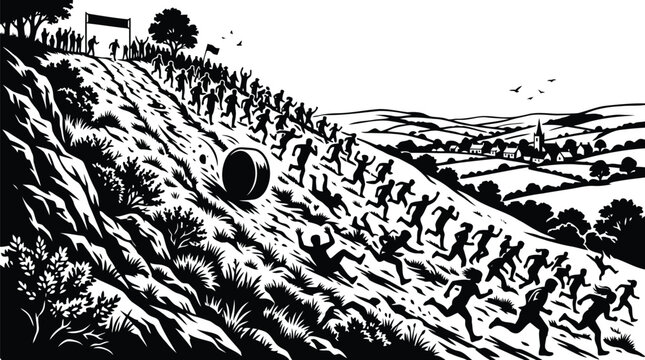 Crowd of people chasing large rolling cheese wheel down steep hill in black and white illustration