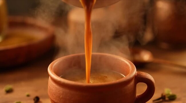 Steaming hot tea pouring into traditional clay cup, close-up 4K Ai HD high quality video.