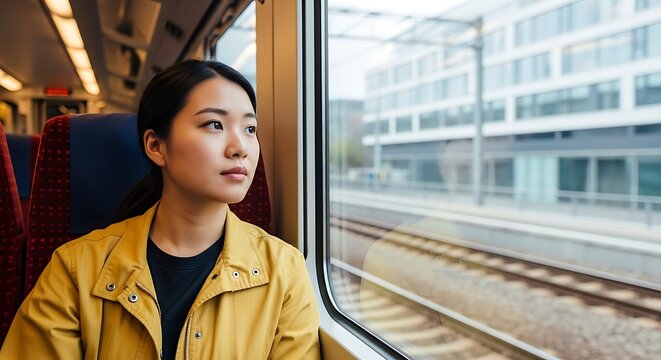 Young Asian woman gazing out train window at cityscape. Interior, blue/red seats, yellow jacket