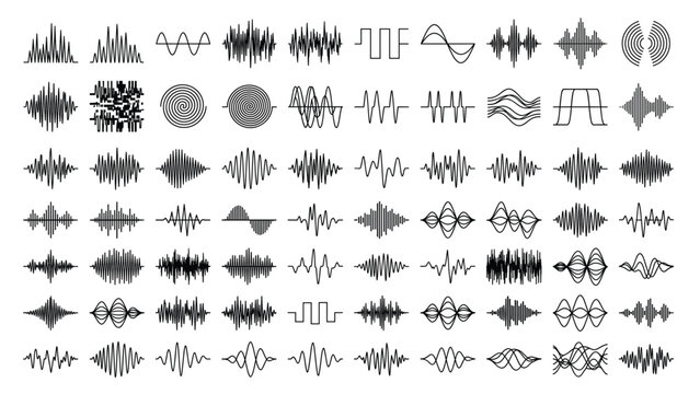 Waveform set vector illustration of many audio wave shapes for tech art use physics icons