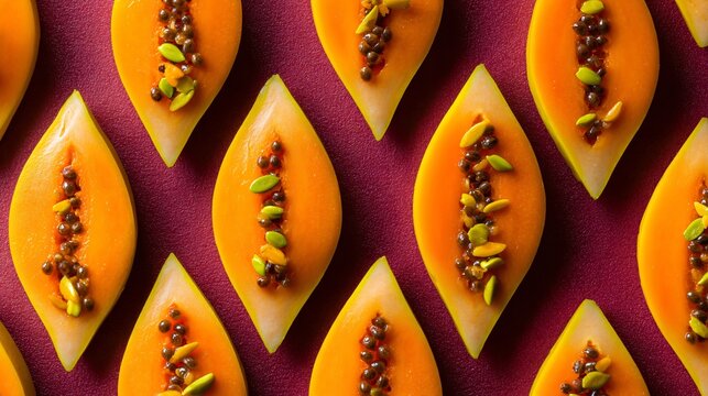 Overhead shot of a papaya dessert arranged with ingredients forming repeating pattern but leaving intentional gaps