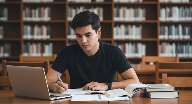 Young man studies diligently at library table with laptop, books, and bookshelves in background