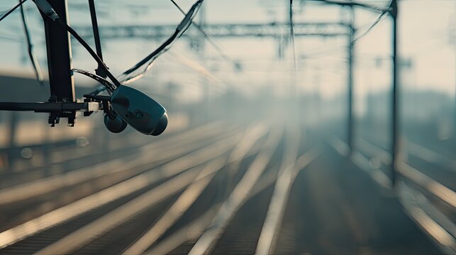 Security camera monitoring empty railway tracks and overhead electrification lines, ensuring safety and surveillance in a modern transportation network during an early morning fog
