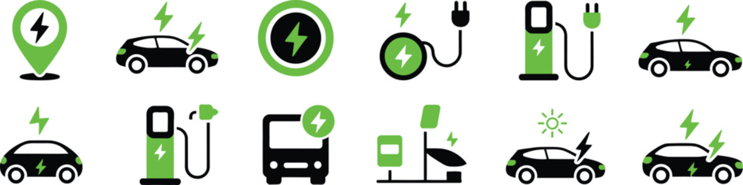 Electric car charging icon set, EV station plug socket hybrid car and green electric vehicle with plug symbol, clean modern vector illustration on white background for sustainable energy transport and