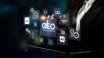 Naklejka premium Digital marketing concept featuring GEO strategy, optimizing content for AI search engines and large language models. Evolution of SEO, brand authority, and AI citation visibility. Corpus