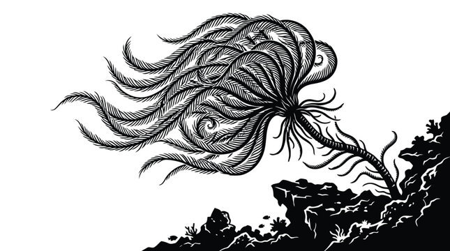 Large feathery sea fern silhouette clinging to a rocky ocean floor in black and white