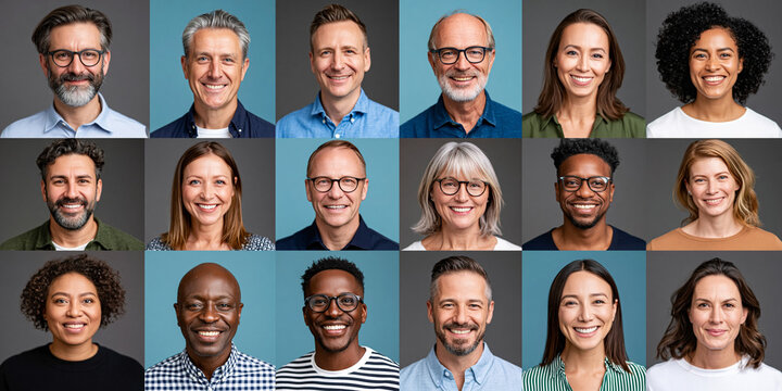 Diverse collection of eighteen smiling professional portraits showcasing a multi-ethnic group of men and women of various ages and backgrounds against solid grey and blue studio backgrounds.