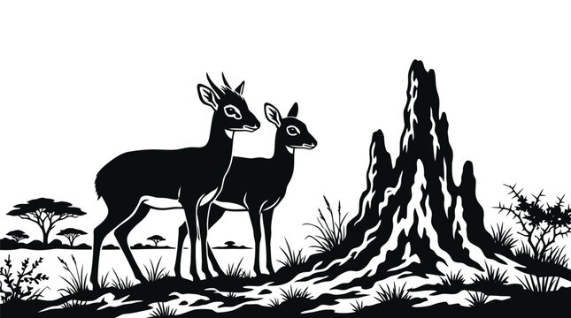 Two gazelles standing in savanna landscape with rocky outcrop