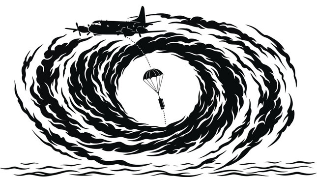 Airplane dropping supplies into a hurricane vortex illustration