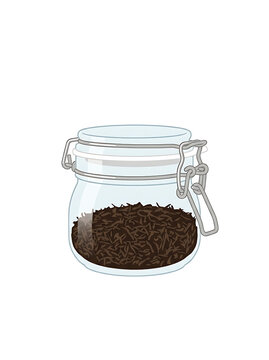 Glass storage jar with metal clamp lid filled with loose black tea leaves for kitchen organization and pantry storage displayed on transparent background