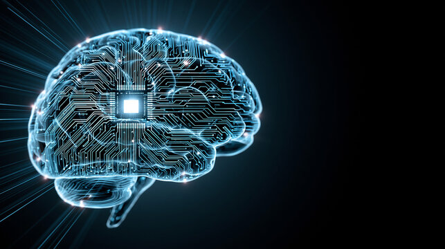 Futuristic digital representation of a human brain as a glowing electronic circuit board with a central microchip, symbolizing artificial intelligence and advanced neural processing technology.