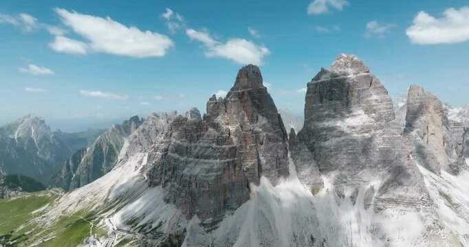 Aerial of the Tre Cime di Lavaredo, Sexten Dolomites, Italy