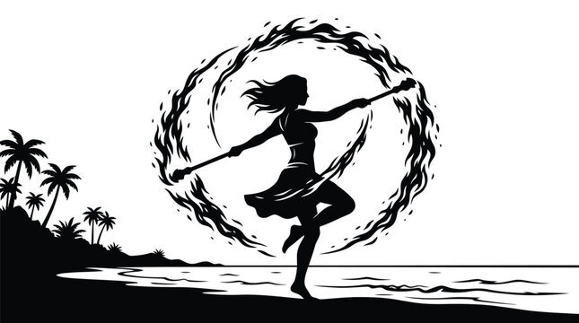 Silhouette of a woman dancing with fire batons on beach