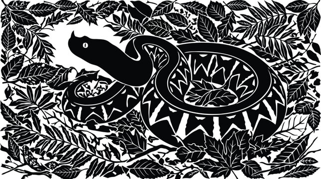 Coiled snake surrounded by lush foliage and leaves pattern