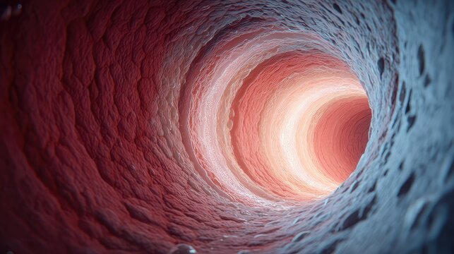 Human blood vessel interior showing the intricate biological structure and textured walls, representing microcirculation and vital fluid pathways within the anatomical artery
