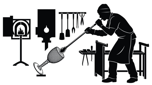 Skilled glassblower silhouette crafting delicate glass art with traditional tools illustration