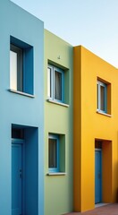 Obraz premium Brightly colored buildings with blue doors and windows in a row real estate vertical background