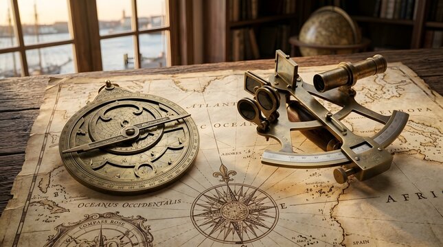 Cartographer's Day: Vintage nautical navigation instruments on old map, hinting at exploration. The instruments are a compass and a sextant. The scene creates a feel of the ancient history