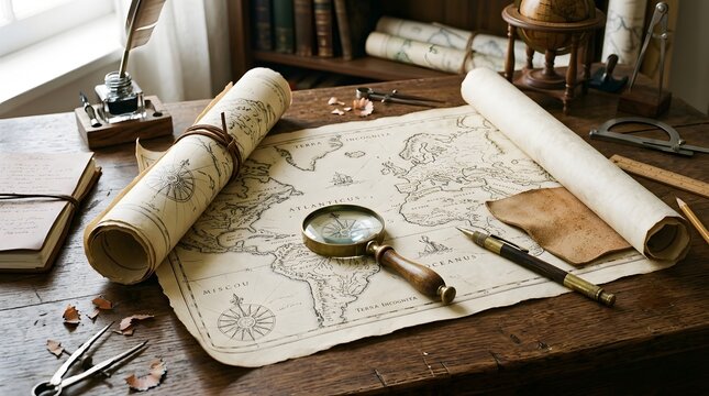 Cartographer's Day: Vintage desk scene with rolled-up maps, a magnifying glass, and a quill pen, evoking a sense of exploration and discovery