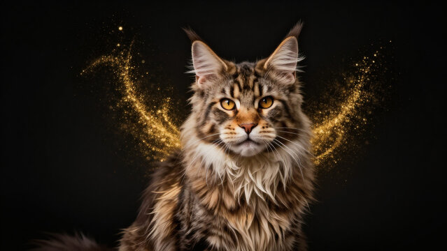 Chat maine coon majestueux ailes paillettes or sur fond sombre