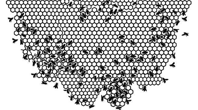 Intricate honeycomb pattern with numerous bees creating a natural texture background