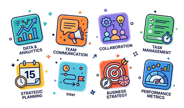 Business concept icon collection with communication planning strategy teamwork and analytics in modern SaaS UI flat vector style on white background
