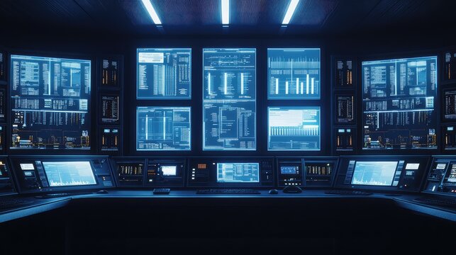Control room featuring multiple glowing screens displaying charts, graphs, data streams, and alphanumeric code, illustrating advanced technology and real time information processing
