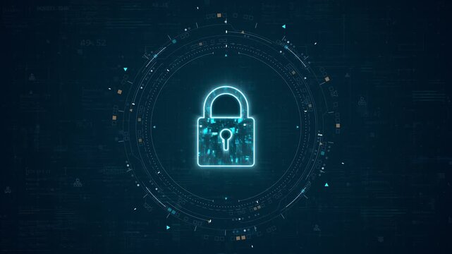 Motion graphic of cybersecurity lock inside circular digital interface, glowing technology background for data protection and business security
