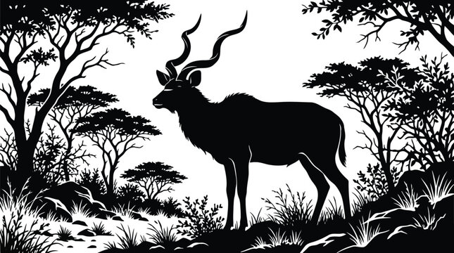 Greater kudu standing in savanna landscape silhouette vector