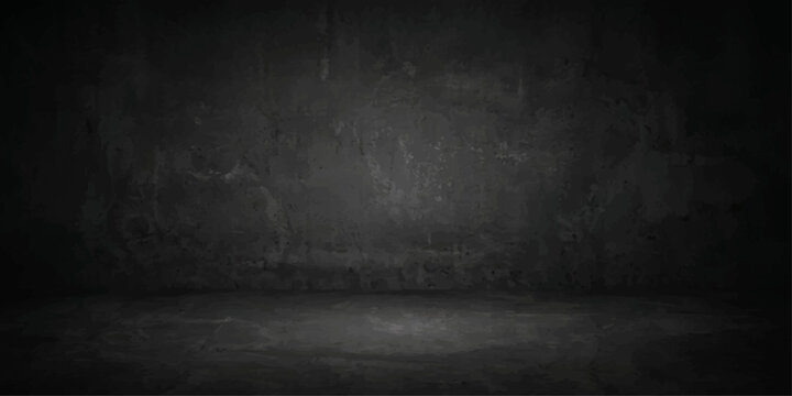 Empty dark room interior with a dirty grunge concrete wall and rough grey cement floor texture for a vintage stone backdrop design
