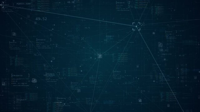 Motion graphic of digital file icon on connected data network with glowing interface elements for cybersecurity and business technology use